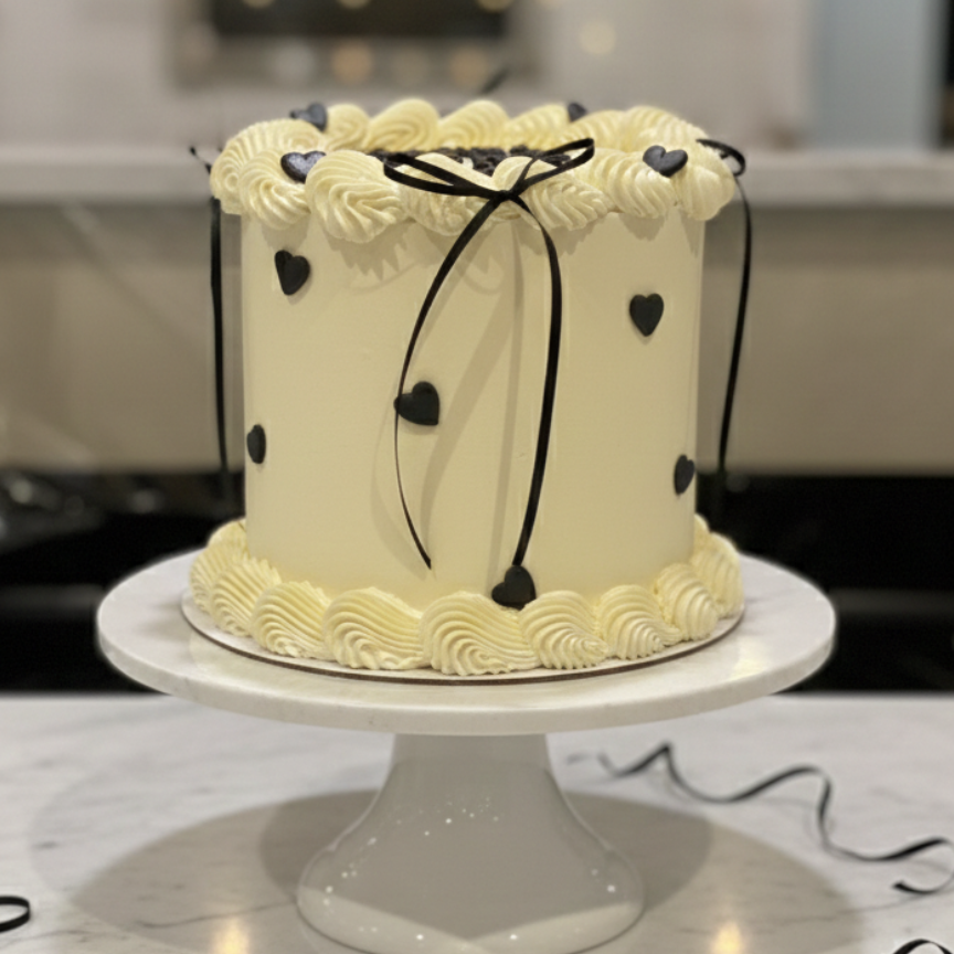 Buttercream cake with black hearts and black bows