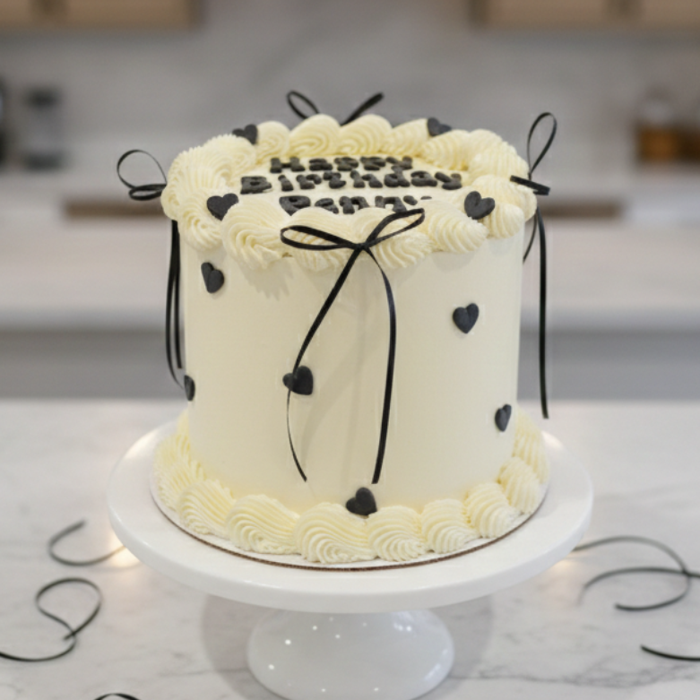 Buttercream cake with black hearts  and black bows