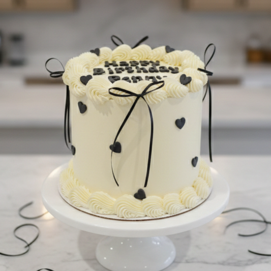 Buttercream cake with black hearts  and black bows